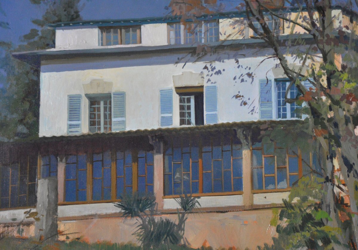 House And Garden, Oil On Canvas, Signed, 20th Century-photo-2
