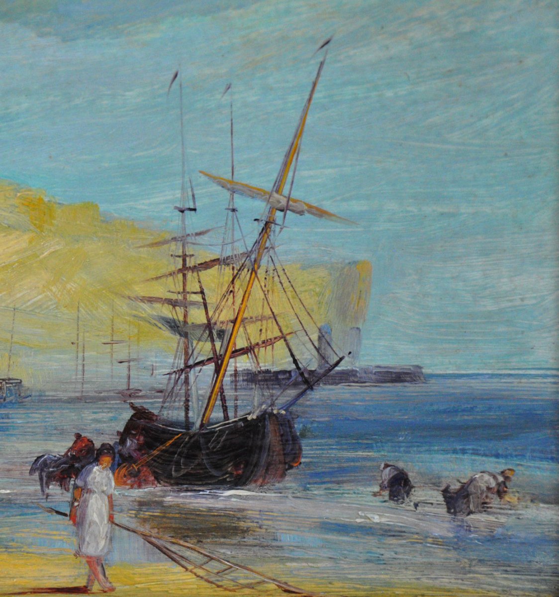 Retour De Pêche  Huile Sur Carton  XXème Siècle-photo-3