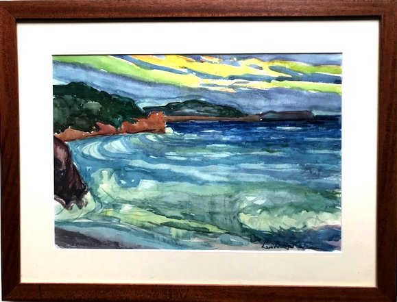 Baie Au Soleil Couchant, Watercolor Signed Leopold Martin Dit Leo 20th Century