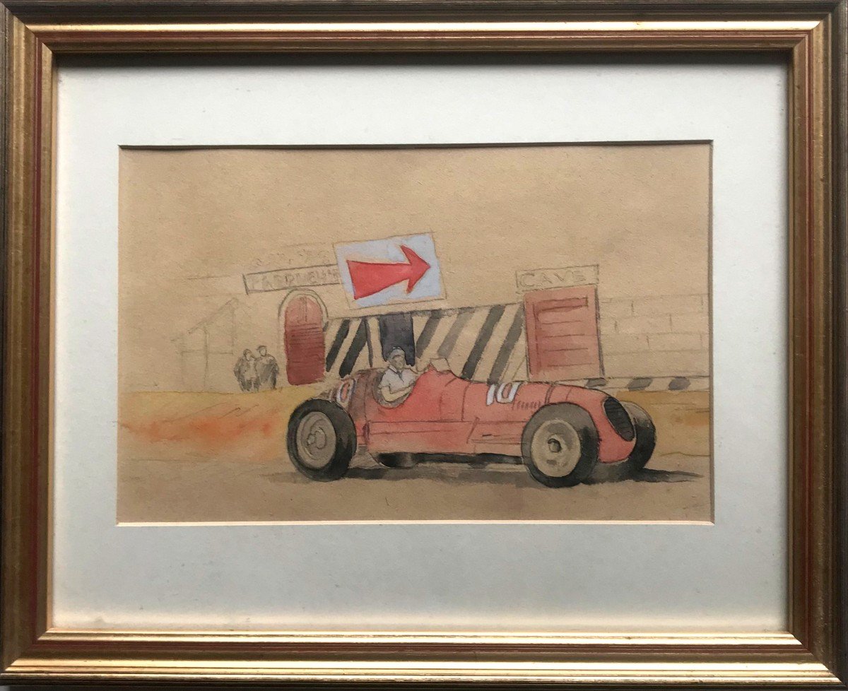 Race Car, Pencil And Watercolor In The Spirit Of Geo Ham Twentieth Century