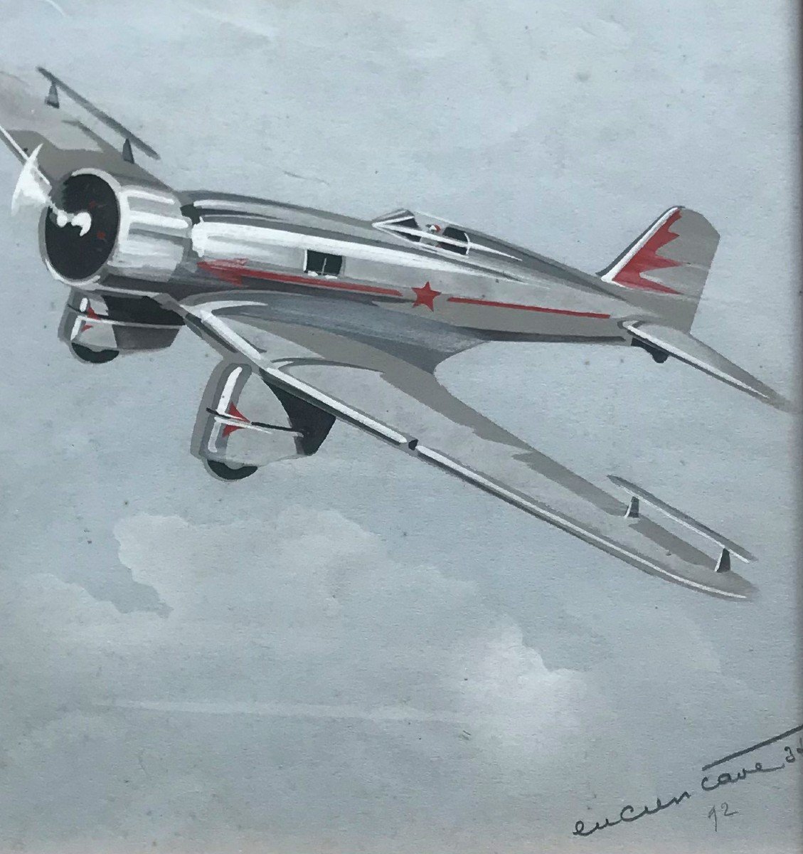 Morane-Saulnier En Vol Aquarelle Sur Papier Signée Lucien Cavé XXème Siècle-photo-3