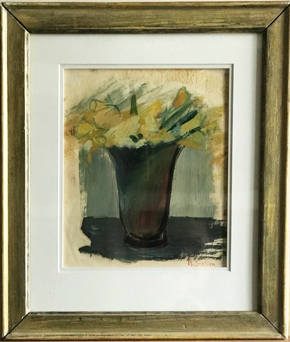 Bouquet Of Daffodils Oil On Paper Signed Madeleine Scellier Twentieth Century