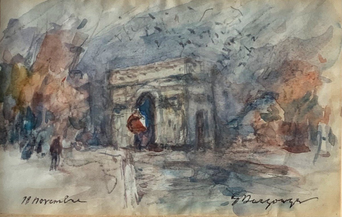 Paris, l'Arc De Triomphe Aquarelle Sur Papier Signée Georges Edmond Dargouge XXème Siècle