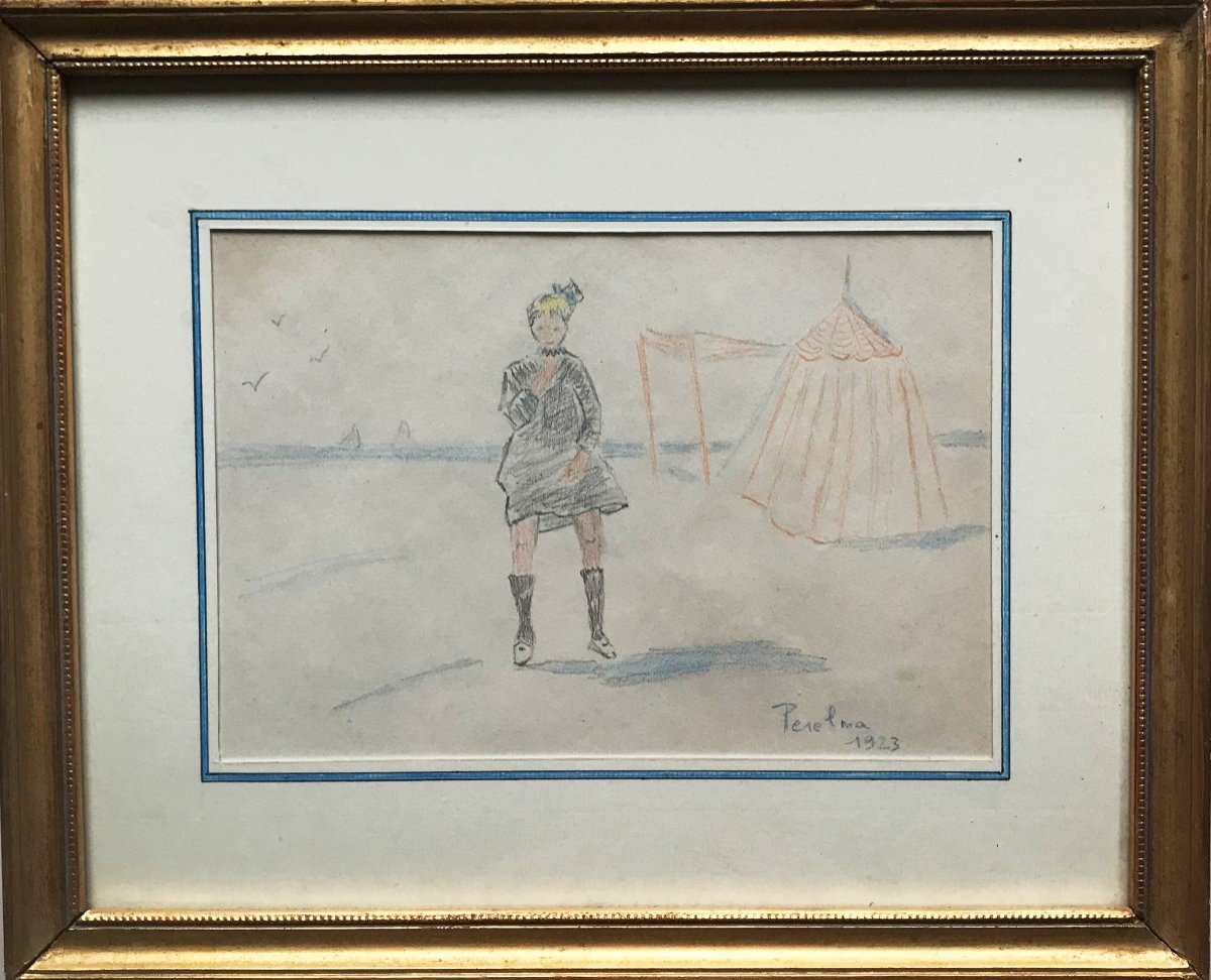 The Beach Colored Pencils On Paper Signed Ossy De Perelma Dated 1923