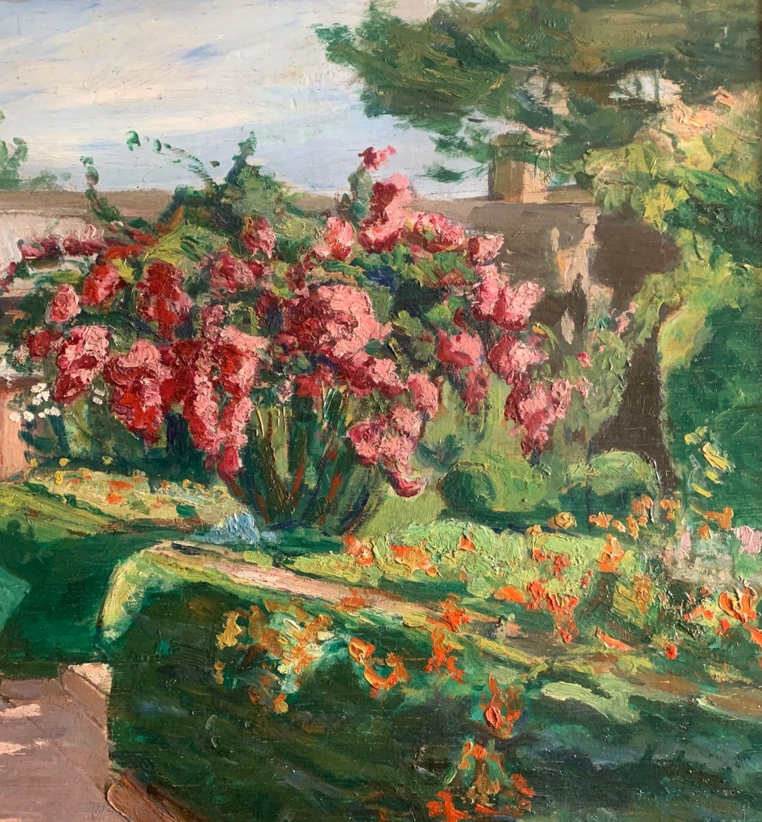 Dans Le Jardin Huile Sur Panneau Ecole Française XXème Siècle-photo-2