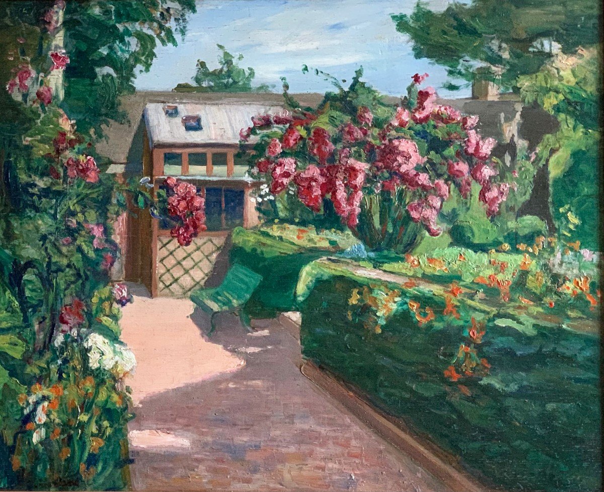 Dans Le Jardin Huile Sur Panneau Ecole Française XXème Siècle-photo-4