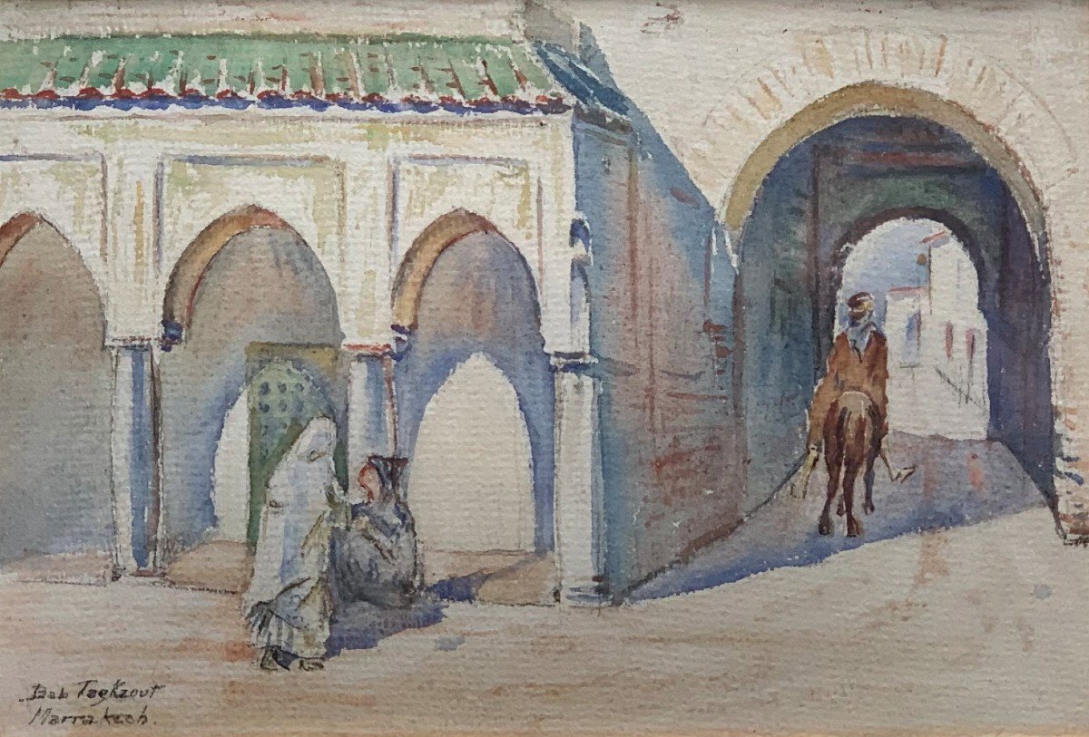 Marraketch La Porte Bab Taghzout Watercolor XXth Century-photo-2