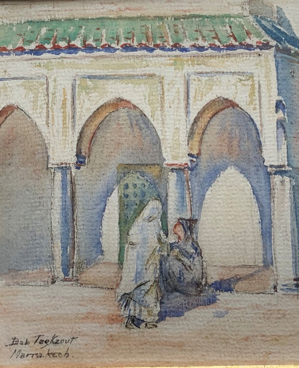 Marraketch La Porte Bab Taghzout Watercolor XXth Century-photo-4