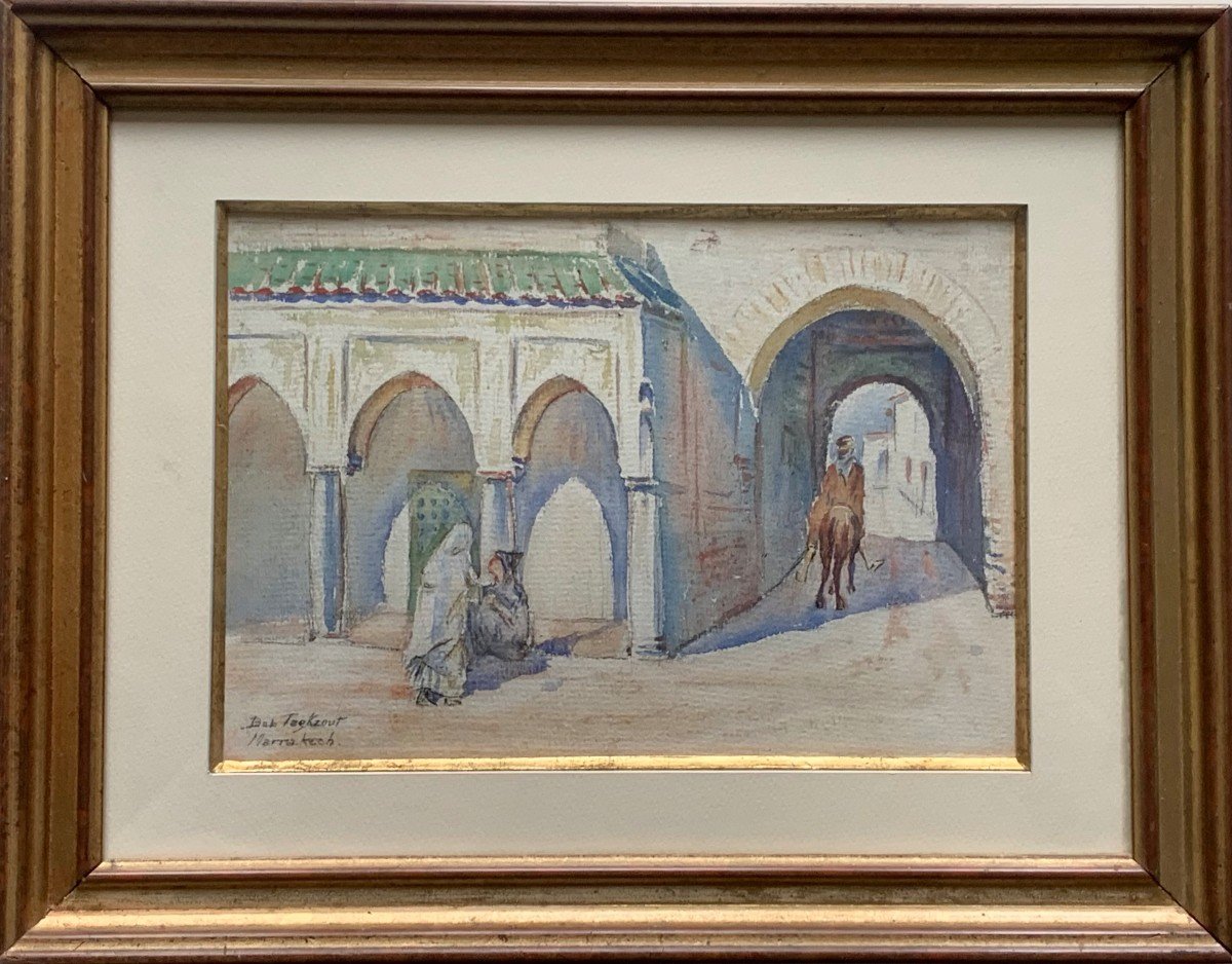 Marraketch La Porte Bab Taghzout Watercolor XXth Century