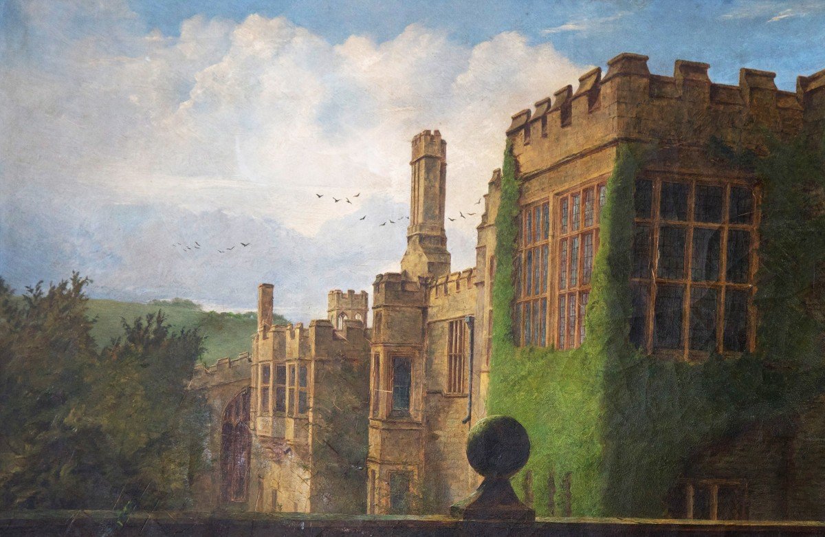 Haddon Hall English Medieval Castle Oil On Canvas Monogrammed And Dated 1886-photo-4