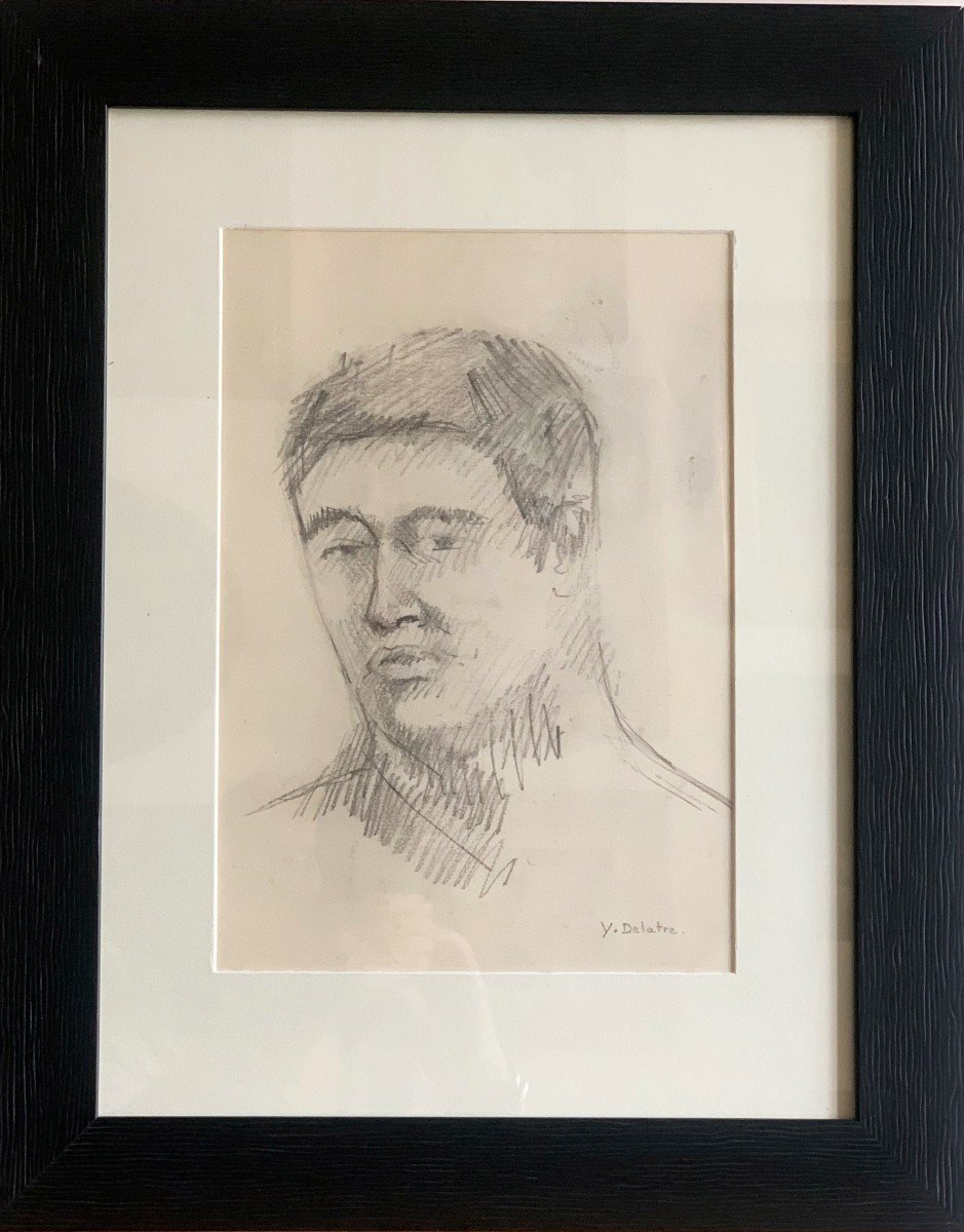 Portrait d'Homme Dessin Au Crayon Signé Yvonne Delatre Ecole Française XXème Siècle