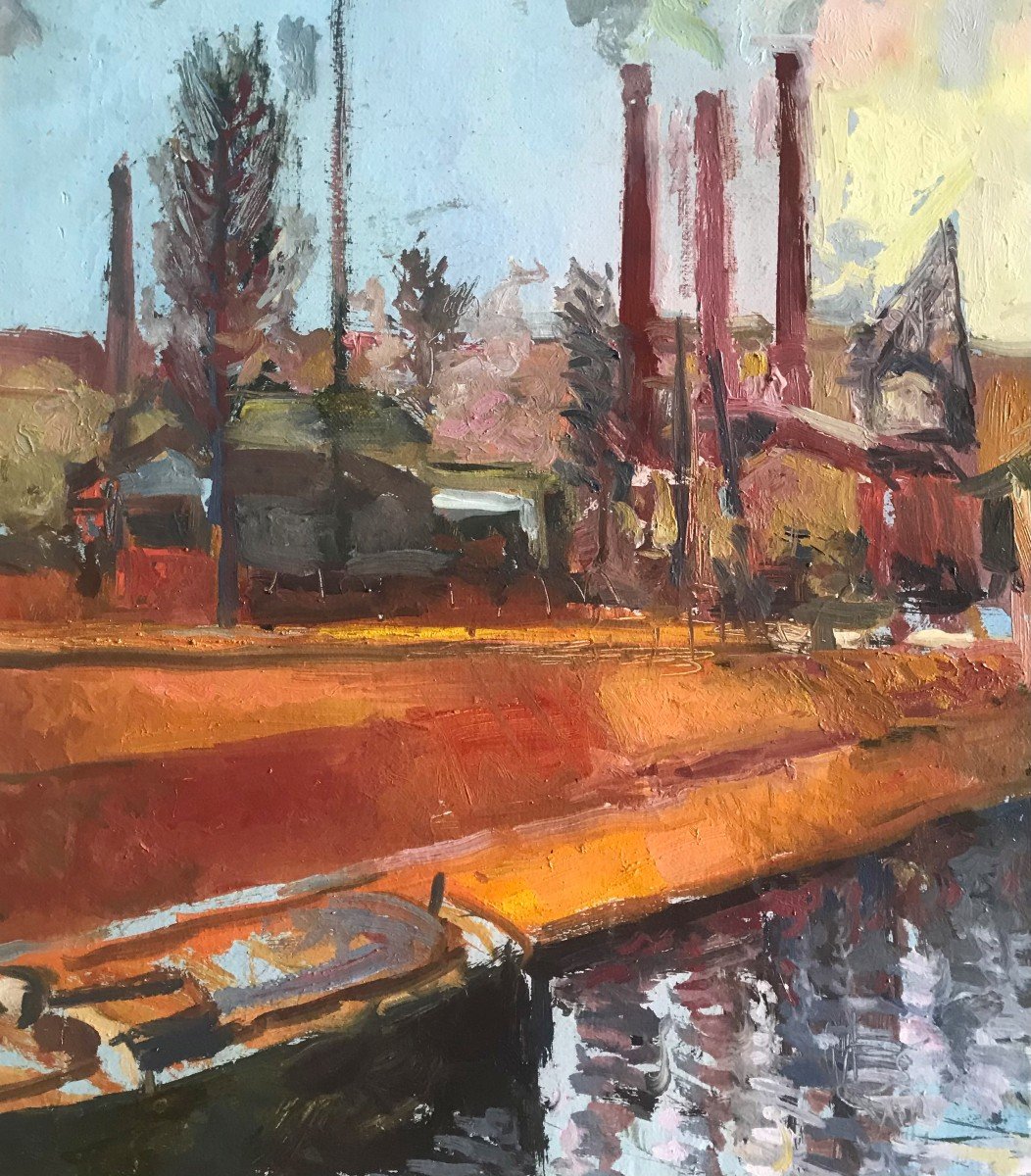 Paysage Industriel Huile Sur Toile Ecole Française XXème Siècle-photo-4