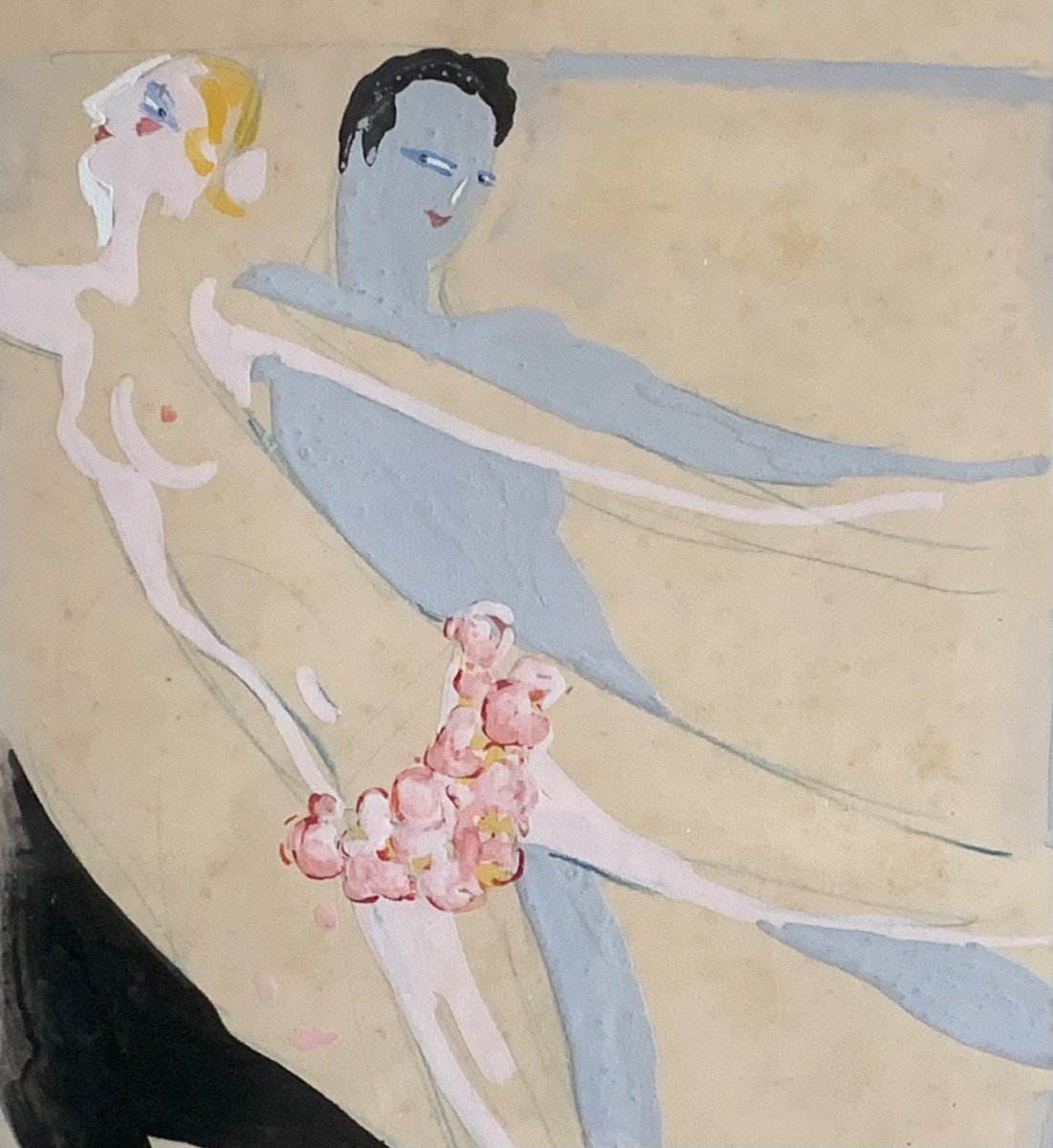 Birdiski Les Danseurs Nus Gouache Sous Verre Circa 1930-photo-3