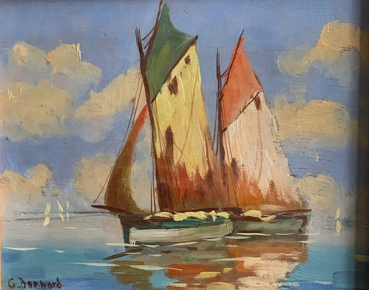 Sailboats At Sea Oil On Wood Signed Lower Left French School Twentieth Century-photo-2