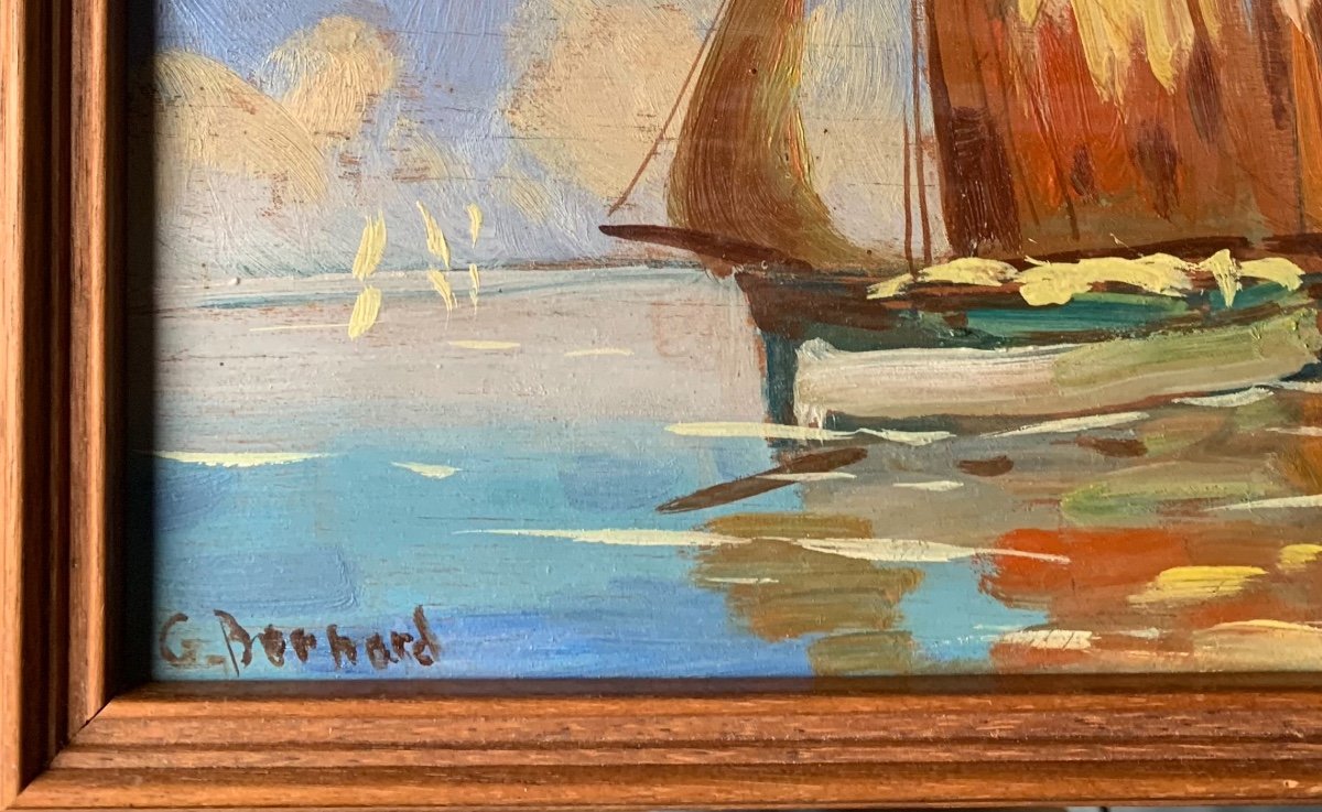 Sailboats At Sea Oil On Wood Signed Lower Left French School Twentieth Century-photo-1