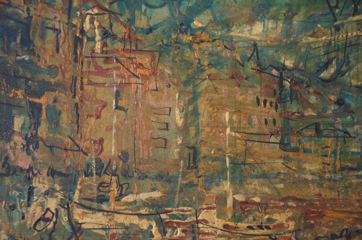 The Harbour Acrylic On Canvas Signed 20th Century-photo-2