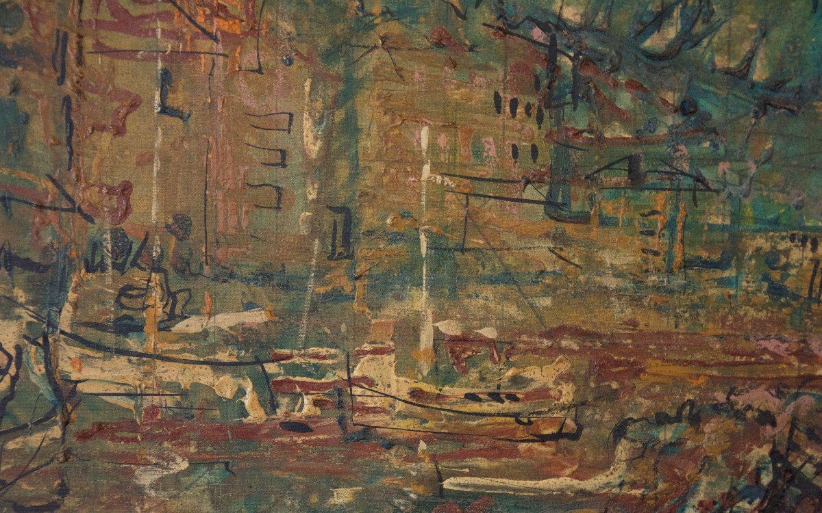 Le Port Acrylique Sur Toile Signé  XXème Siècle-photo-3