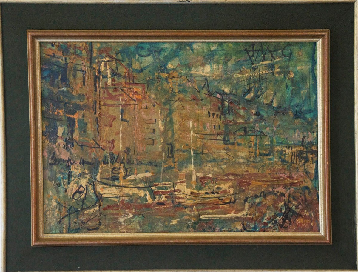 The Harbour Acrylic On Canvas Signed 20th Century