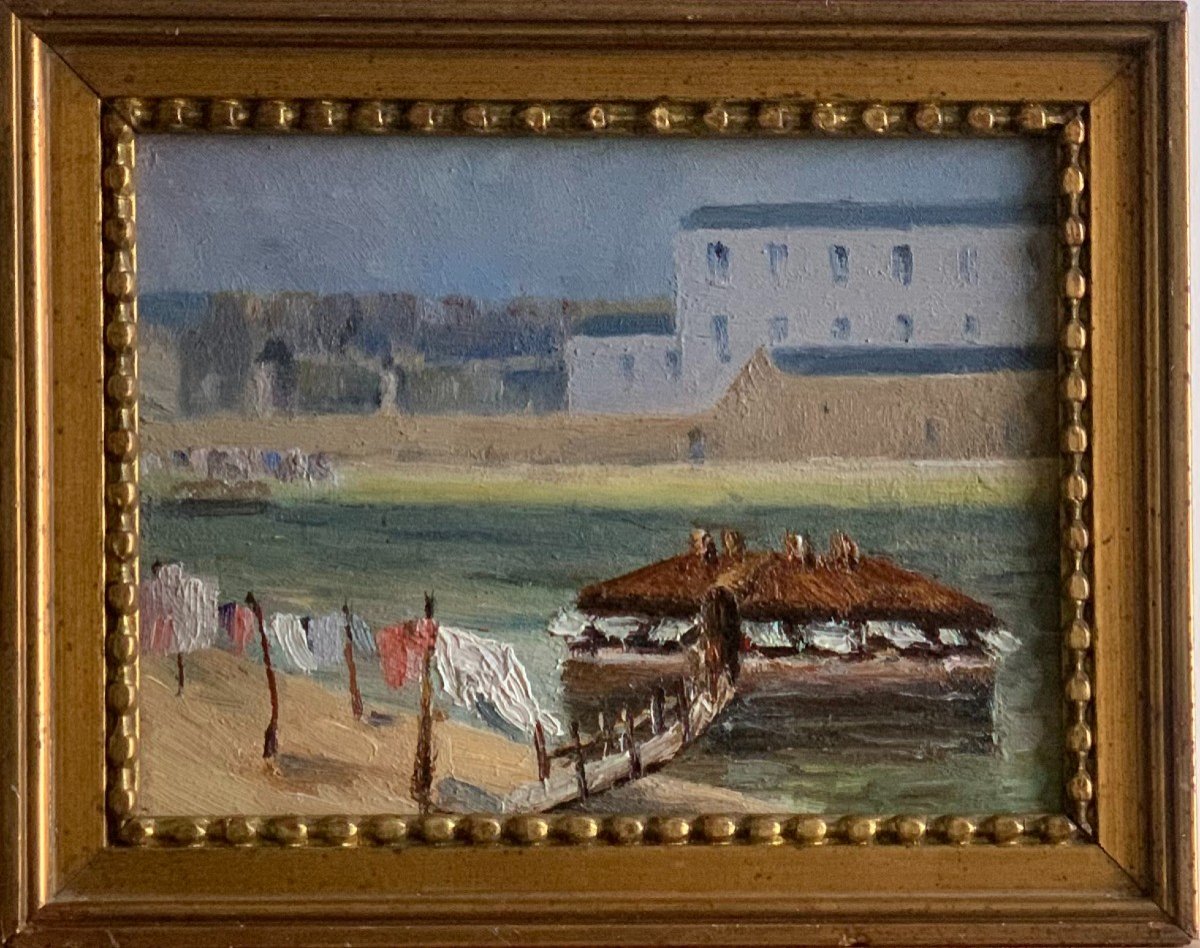 Le Bateau-Lavoir Huile Sur Panneau Fin XIXème Ecole Française