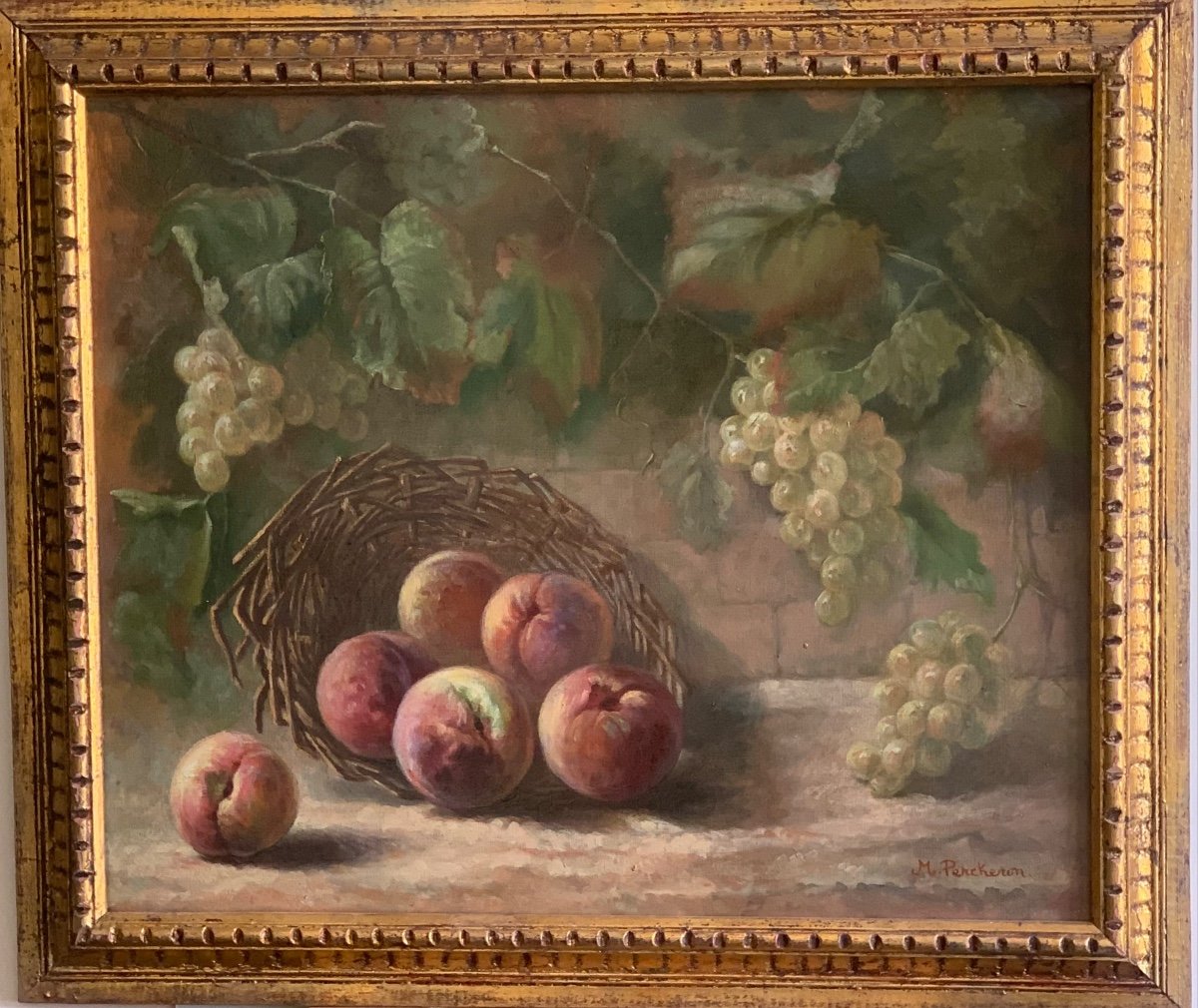 Pêches Et Raisins. Huile Sur Toile Signée Marie Percheron XIXème Siècle Ecole Française