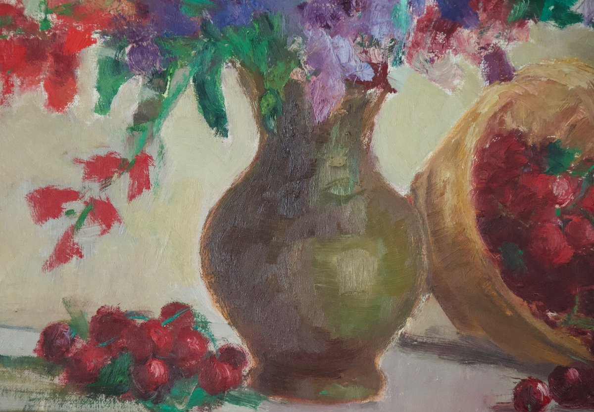 Bouquet De Fleurs Et Corbeille De Cerises  Huile Sur Toile XXème Siècle Ecole Française -photo-2