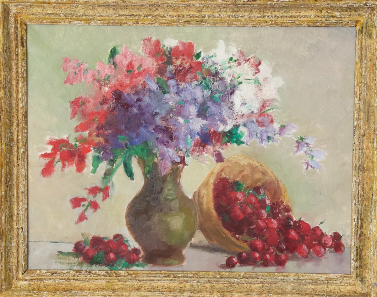 Bouquet De Fleurs Et Corbeille De Cerises  Huile Sur Toile XXème Siècle Ecole Française 