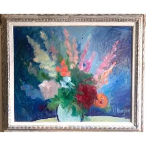 Roses And Gladioli Still Life Oil On Cardboard French School Signed