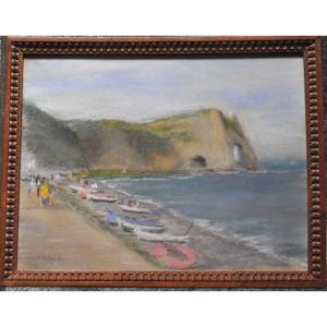 Etretat, La Plage Et Les Falaises Pastel Sur Papier Signé Lanos XXème Siècle