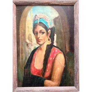 Portrait Orientaliste d'Une Jeune Femme d'Afrique Du Nord  Huile Sur Toile Circa '40