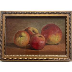 Apples Oil On Cardboard Early 20th Century Under Glass