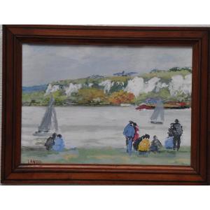 Les Andelys : Watching The Boats Cruising Gouache Signed Lanos