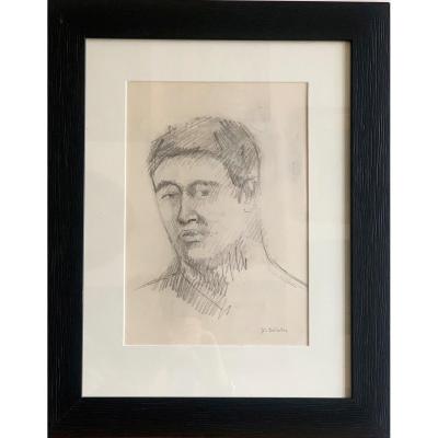 Portrait d'Homme Dessin Au Crayon Signé Yvonne Delatre Ecole Française XXème Siècle