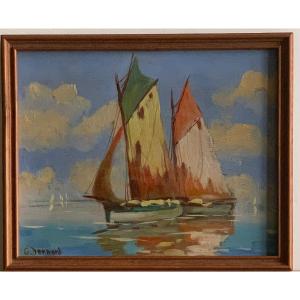 Sailboats At Sea Oil On Wood Signed Lower Left French School Twentieth Century