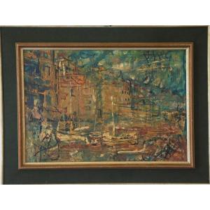 Le Port Acrylique Sur Toile Signé  XXème Siècle