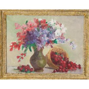 Bouquet Of Flowers And Basket Of Cherries Oil On Canvas XXth Century French School