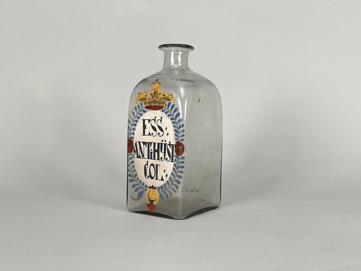 Grand flacon à pharmacie en verre soufflé et émaillé, XVIIIe siècle-photo-3