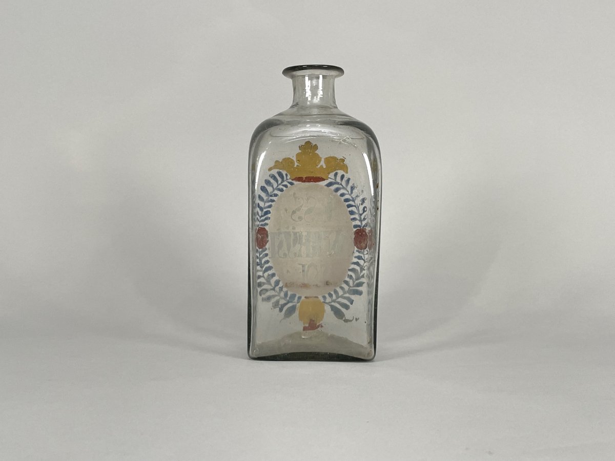 Grand flacon à pharmacie en verre soufflé et émaillé, XVIIIe siècle-photo-1