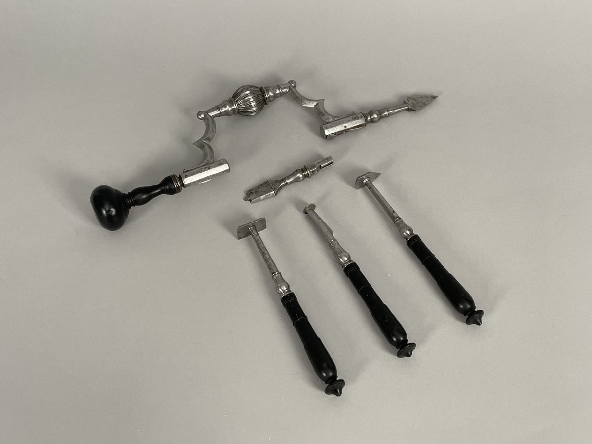 Barber-surgeon's Trepanning Instruments, Steel And Blackened Wood, 18th Century