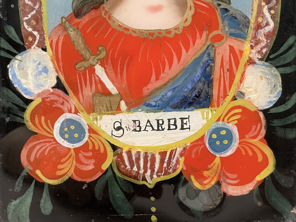 Alsatian Reverse Glass Painting, 1820–1850, Saint Barbara-photo-4