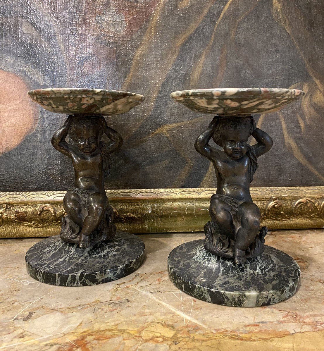 Pair Of Marble And Bronze Cups With Babies, 19th Century