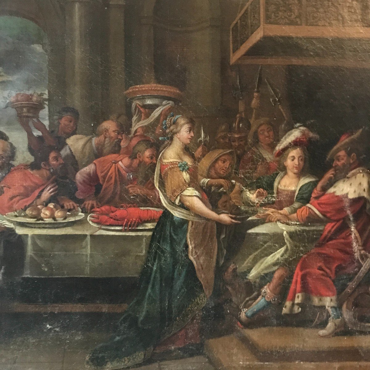 Tableau huile sur toile , scène de banquet , XVIIIème siècle-photo-2