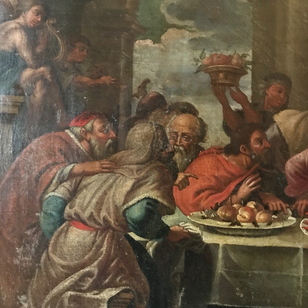 Tableau huile sur toile , scène de banquet , XVIIIème siècle-photo-3