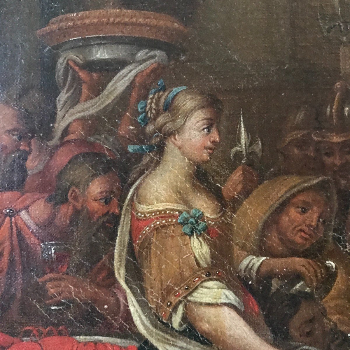 Tableau huile sur toile , scène de banquet , XVIIIème siècle-photo-4