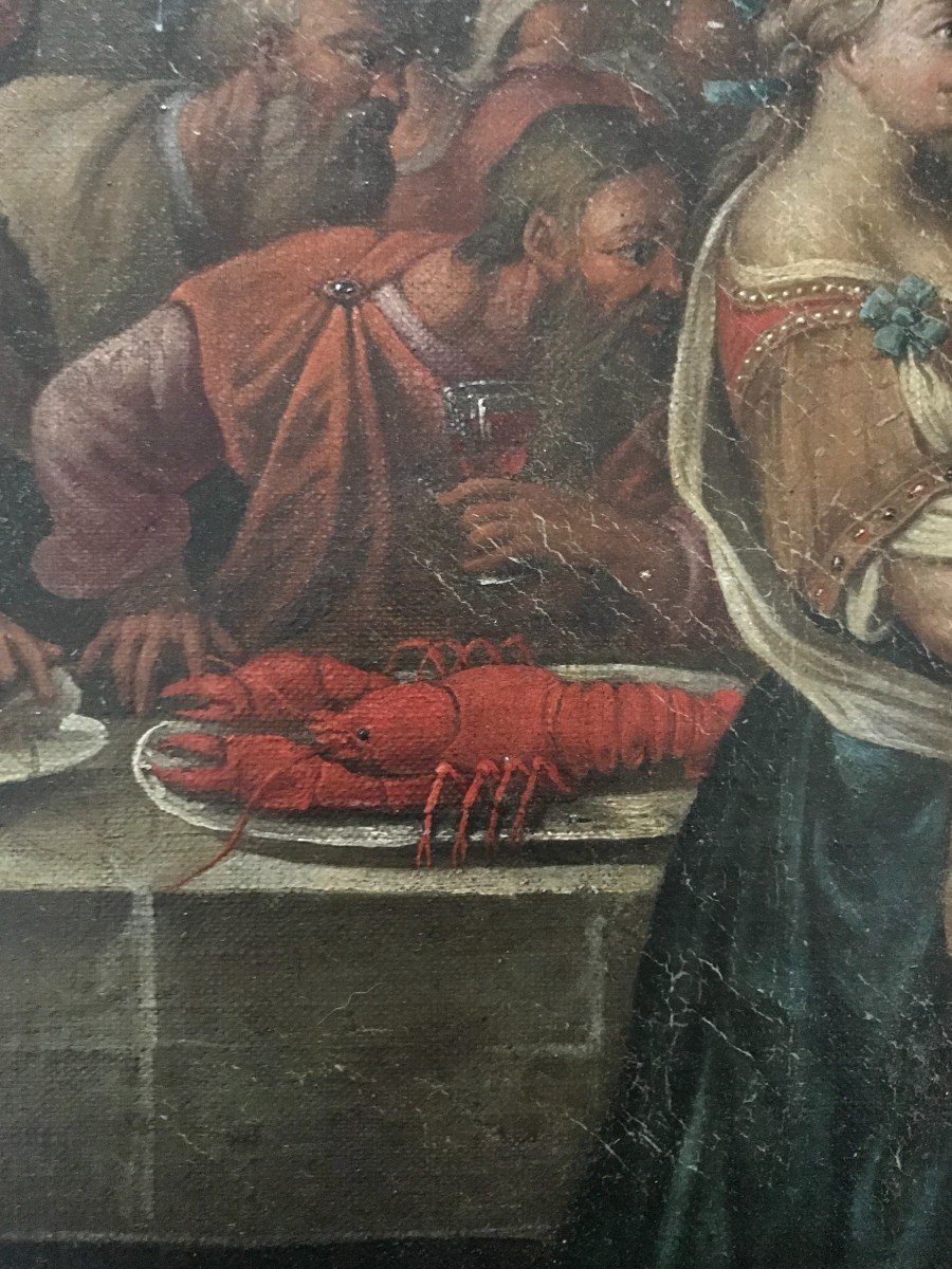 Tableau huile sur toile , scène de banquet , XVIIIème siècle-photo-1