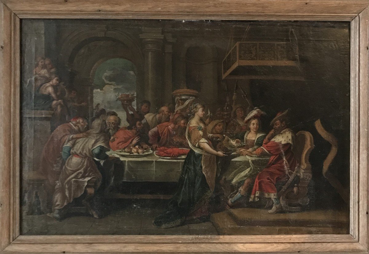 Tableau huile sur toile , scène de banquet , XVIIIème siècle