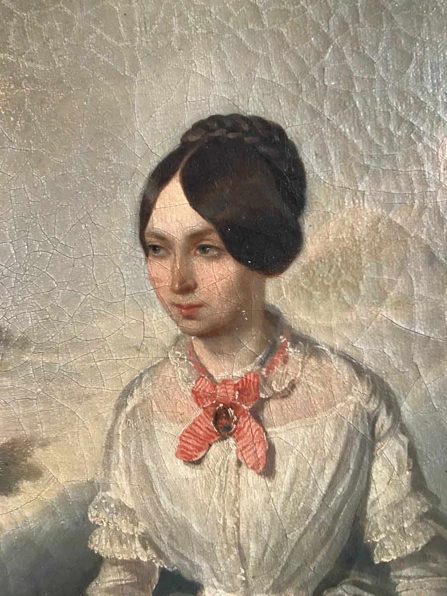 Portrait d'une Jeune Femme à l'ombrelle, XIXème Siècle , Huile Sur Toile-photo-4