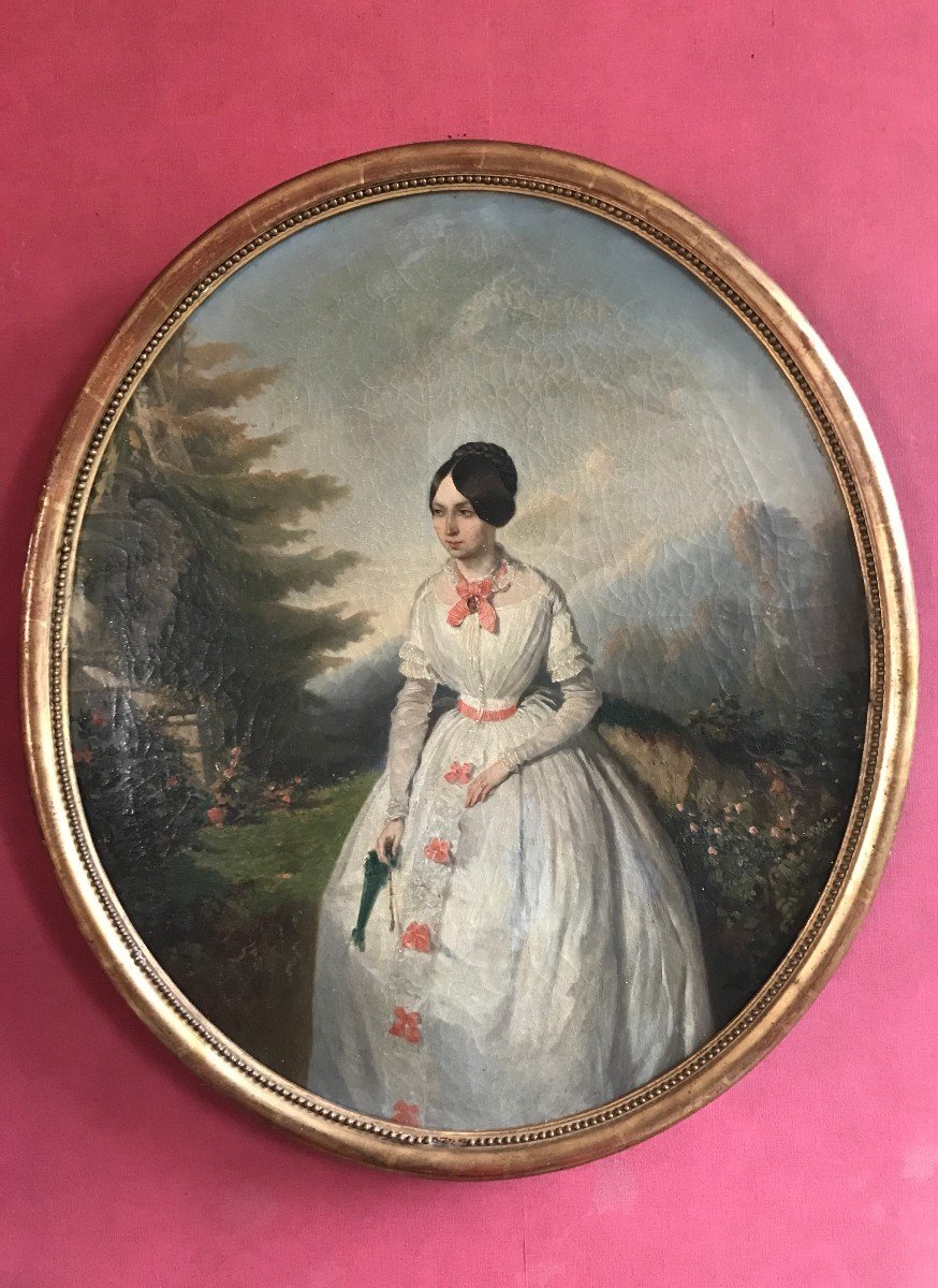 Portrait d'une Jeune Femme à l'ombrelle, XIXème Siècle , Huile Sur Toile