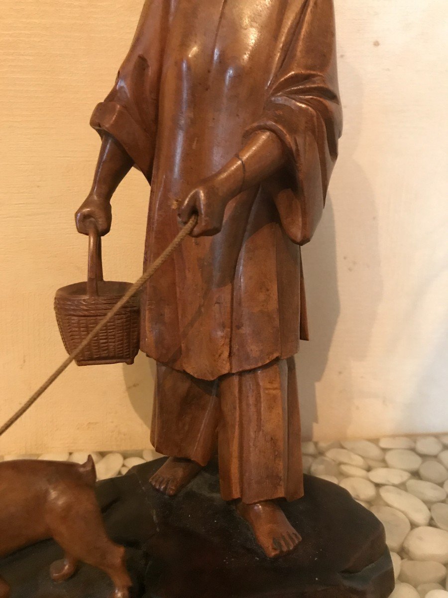 Sujet En Bois Sculpté Jeune Fille Et Son Chien Chine XIXème Siècle-photo-2