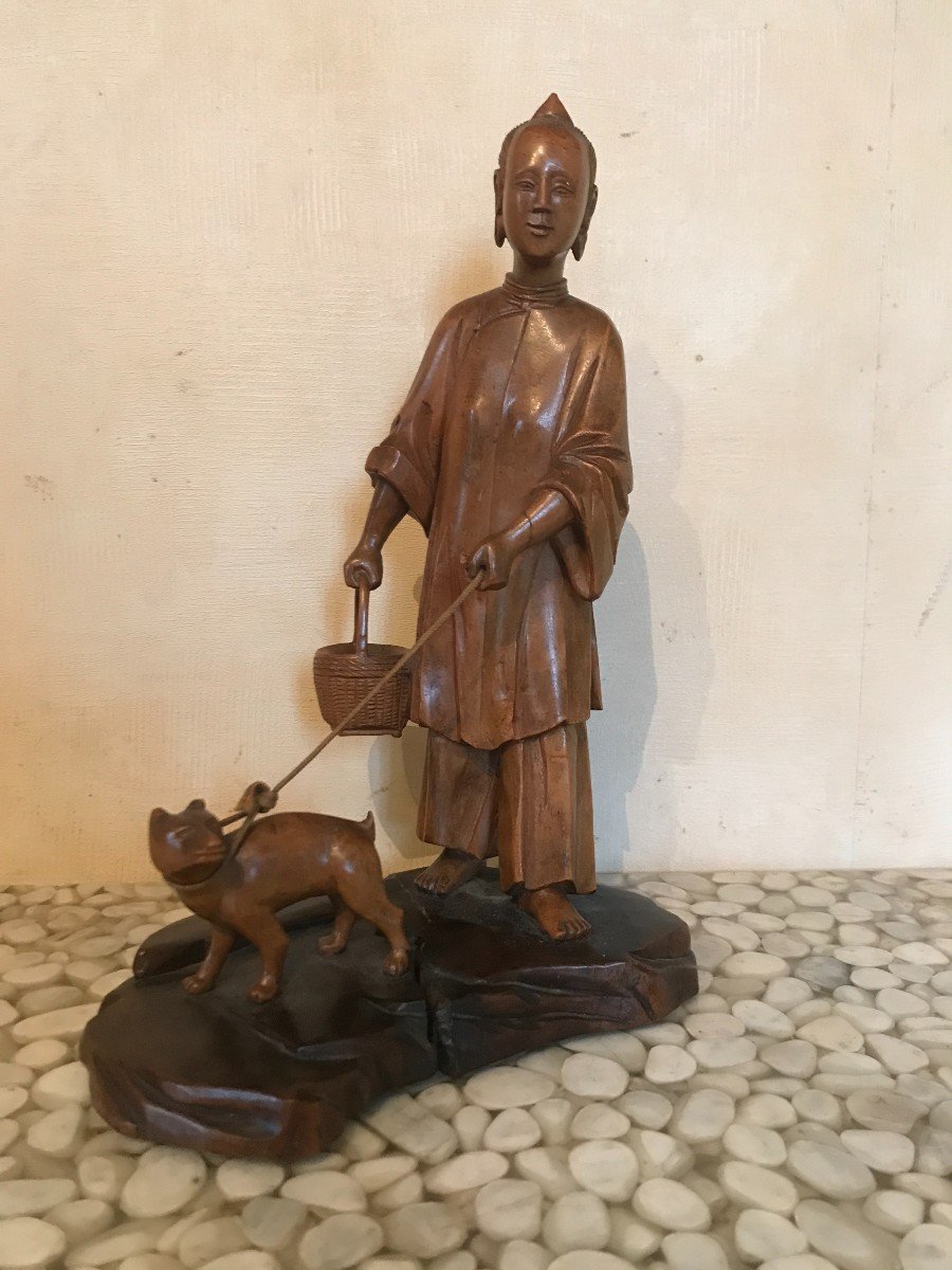 Sujet En Bois Sculpté Jeune Fille Et Son Chien Chine XIXème Siècle