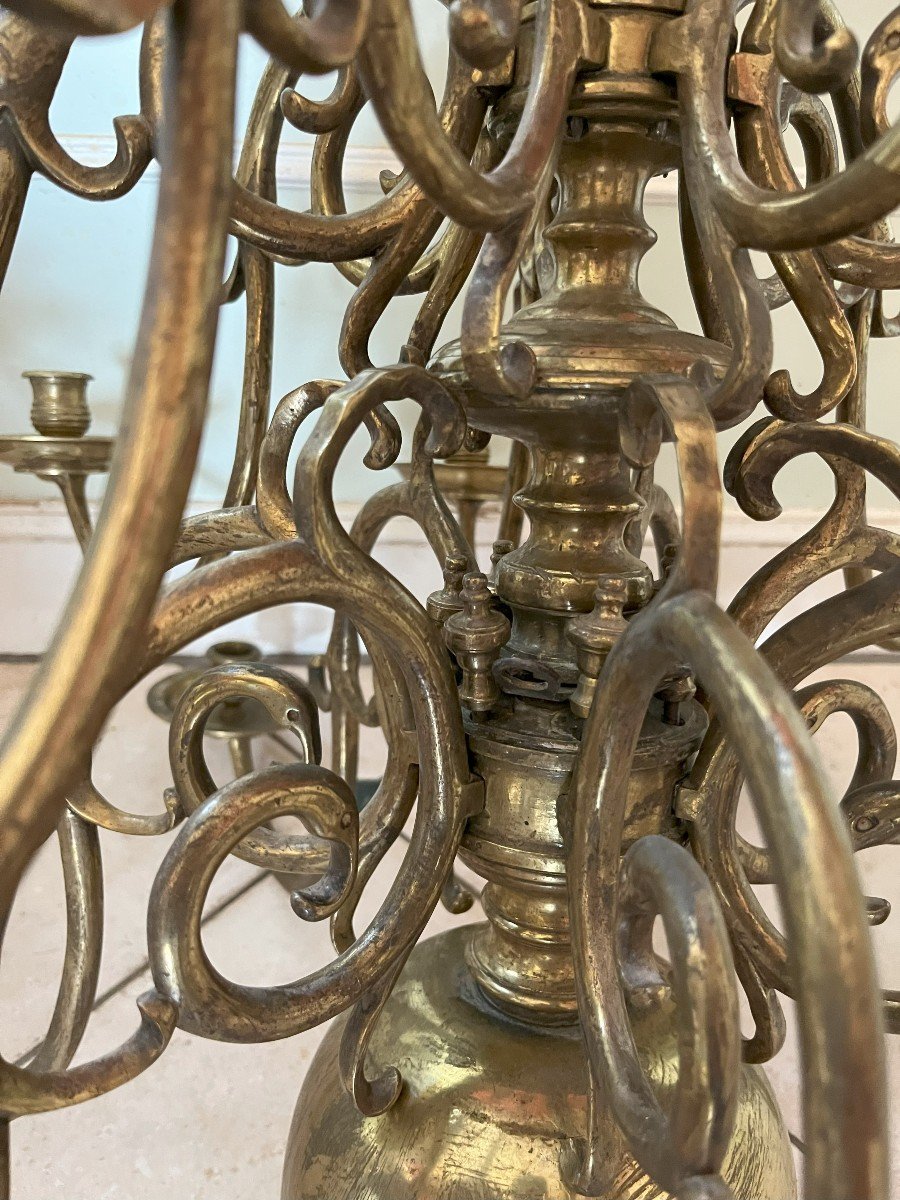 Lustre De Style Hollandais En Laiton à 14 Lumières , Début XIXème Siècle-photo-1